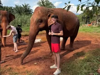 Young American teacher standing beside an elephant in Thailand