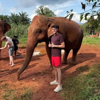 Young American teacher standing beside an elephant in Thailand