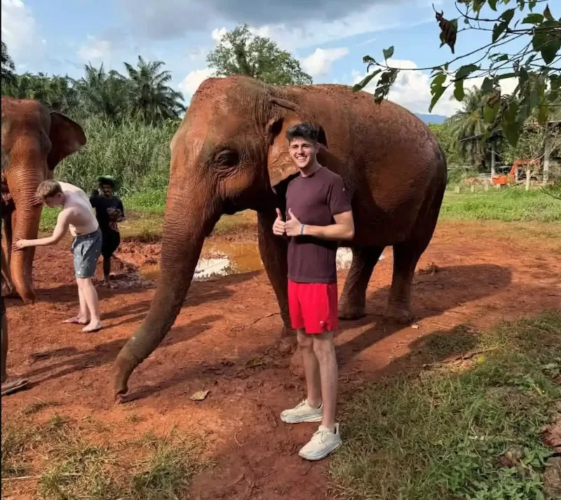 Young American teacher standing beside an elephant in Thailand