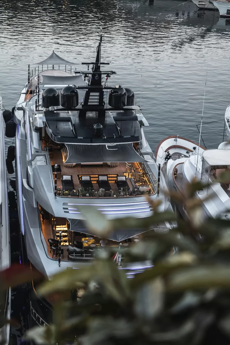 Luxury superyacht docked in an international marina
