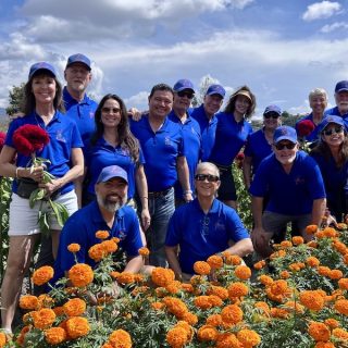 Chair the Love volunteers in blue polos gathered in a field of marigolds and celosia during a distribution trip