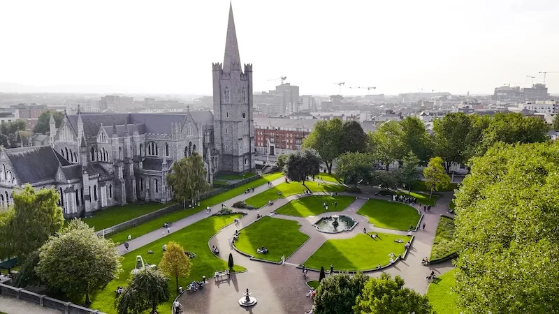 St Patrick's Cathedral and the gardens of St Patrick's Park in central Dublin on a bright summer afternoon.