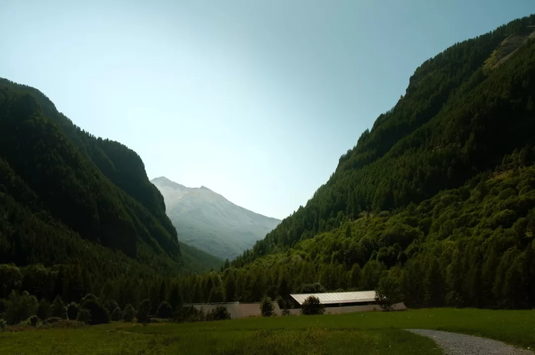 A green valley between forested mountain slopes with a small building in the distance