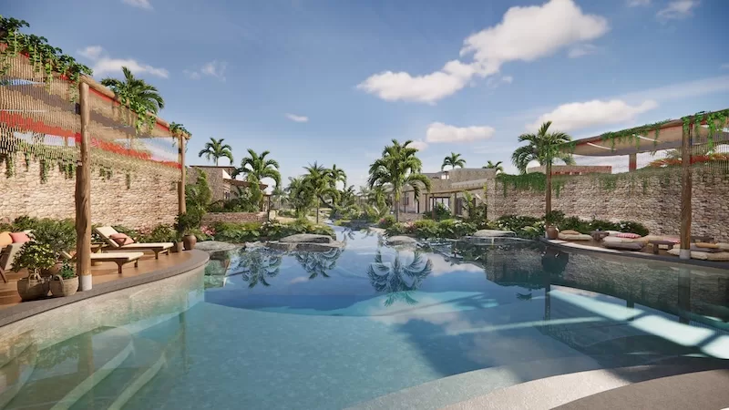 Architectural render of a pool courtyard at Liyongo, the village-style development being built at Kendwa, Zanzibar