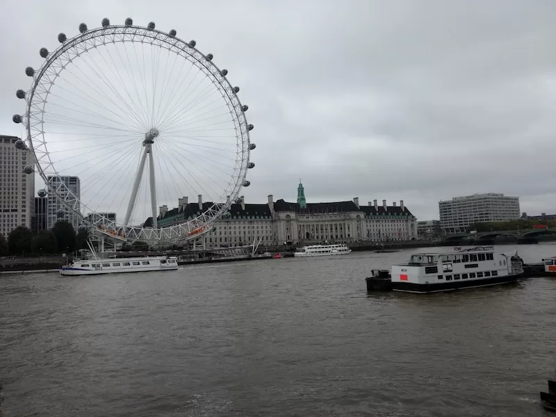 The London Eye and County Hall across the Thames on an overcast day.