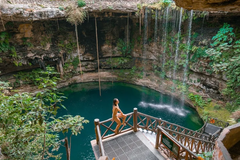 A swimmer looks down from a wooden platform into a deep Yucatán cenote fed by hanging roots and falling water.