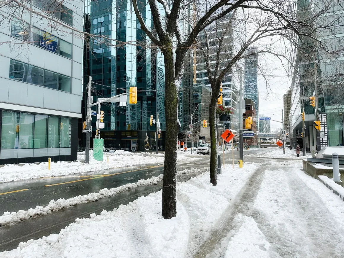 Snow-covered street in downtown Toronto in winter