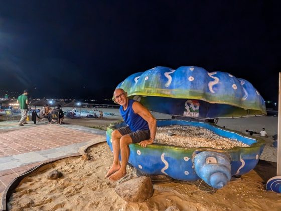 A smiling man sits on a giant painted seashell sculpture on the beachfront in Da Nang at night.