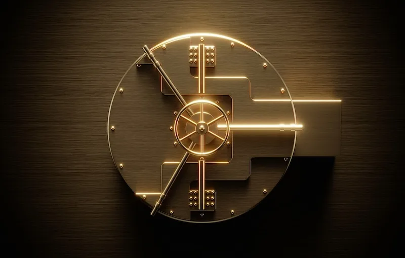 A gold bank vault door, its locking wheel and bolts lit against a dark wall.