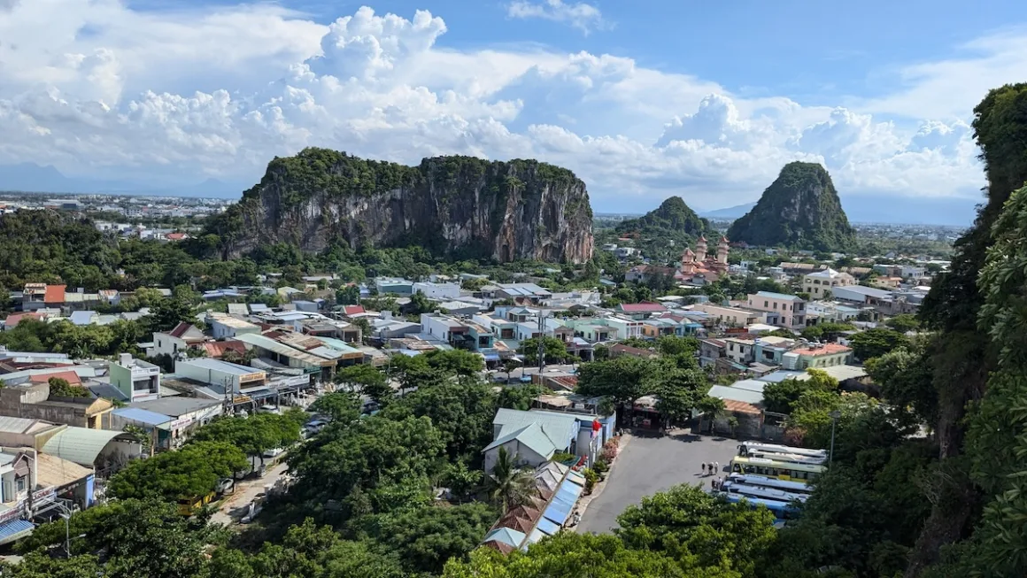 View over the Marble Mountains and the neighborhood around them in Da Nang.