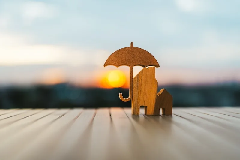 A small wooden umbrella shelters a toy house at sunset.