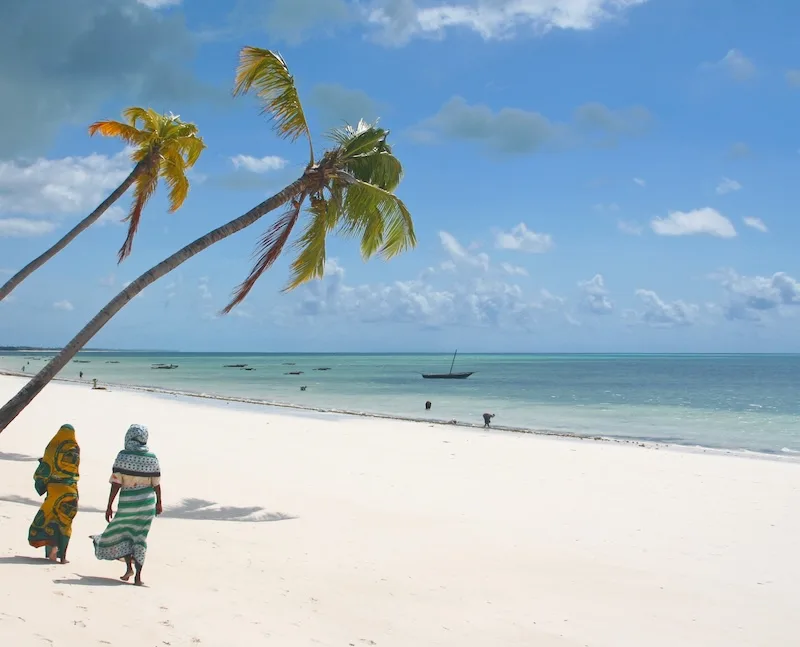 Two women in colorful wraps walk along a palm-lined white-sand beach in Zanzibar.
